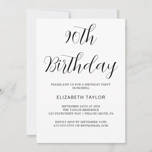 Timeless Black Calligraphy 90th Birthday  Invitation (Front)
