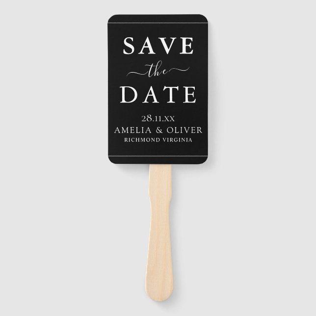Timeless Black Minimalist Wedding Save The Date Hand Fan (Front)