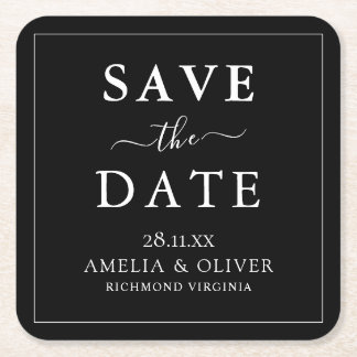 Timeless Black Minimalist Wedding Save The Date Square Paper Coaster