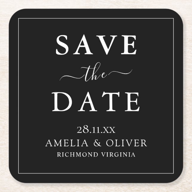Timeless Black Minimalist Wedding Save The Date Square Paper Coaster (Front)