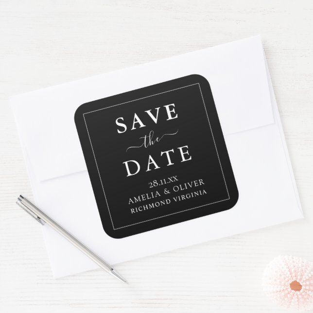 Timeless Black Minimalist Wedding Save The Date Square Sticker (Envelope)
