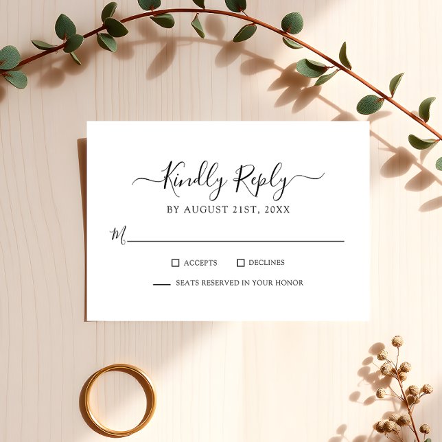 Timeless Black Script on White Minimalist Wedding RSVP Card (Creator Uploaded)