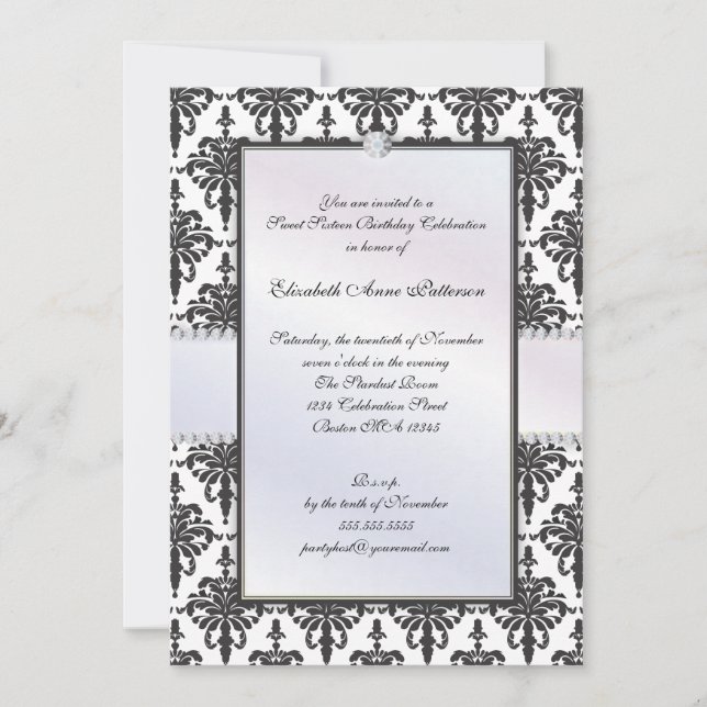 Timeless Black & White Damask Sweet 16 Party Invitation (Front)