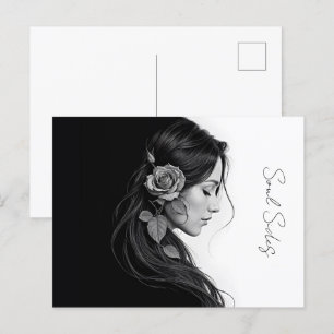 Timeless black white dramatic floral hair design postcard