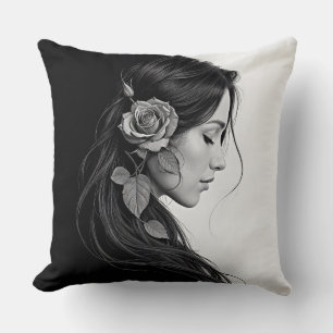 Timeless black white dramatic floral hair design throw pillow