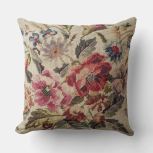 Timeless Bloom: Vintage Needlepoint Floral Throw P Throw Pillow