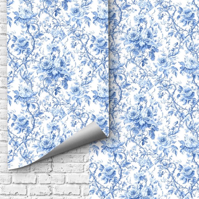 Timeless Blue French Toile Roses Floral Wallpaper  (Timeless Blue French Toile Roses Floral Wallpaper Design)