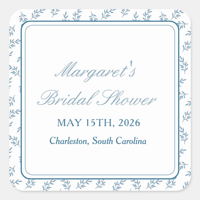 Timeless Blue Garden Elegant Classic Bridal Shower Square Sticker (Front)