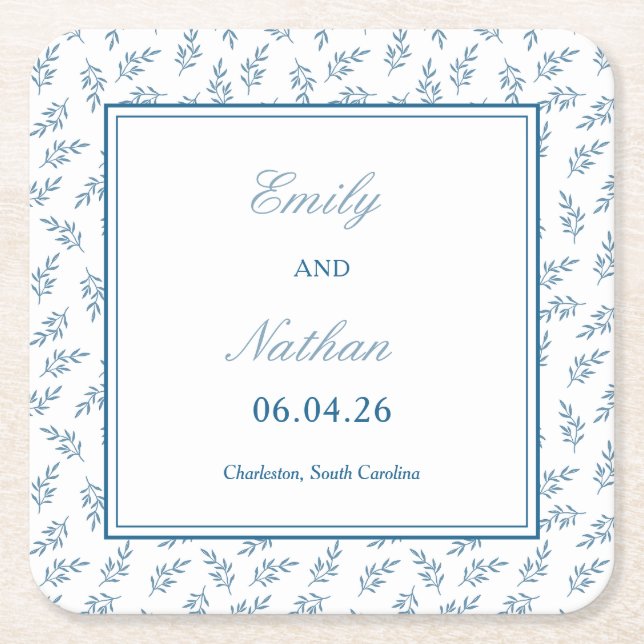 Timeless Blue Garden Elegant Classic Wedding  Square Paper Coaster (Front)