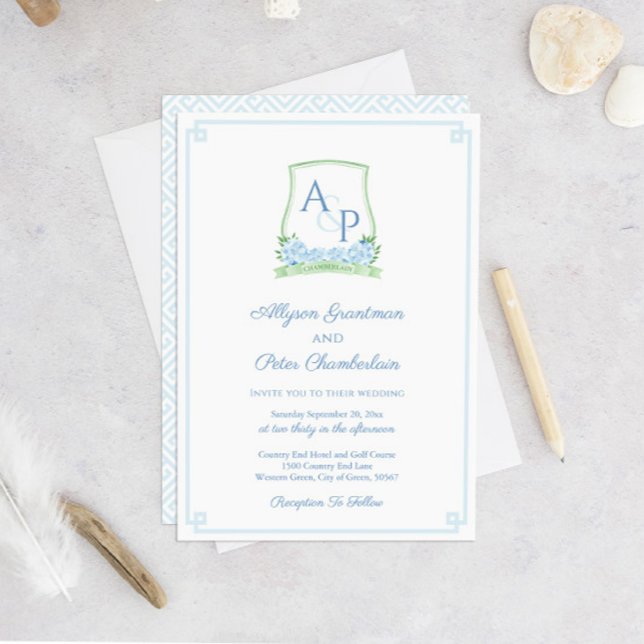 Timeless Blue Green Botanical Crest Wedding Invitation (Sage Green Light Blue Watercolor Monogram Crest Wedding Invitation With Pale Blue Greek Key Backer)