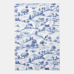 Timeless Blue Toile Pastoral French Landscape Kitchen Towel
