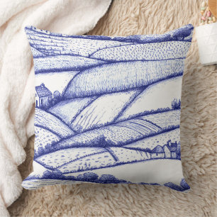Timeless Blue Toile Pastoral French Landscape Throw Pillow