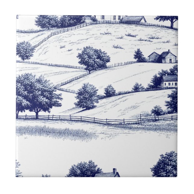 Timeless Blue Toile Pastoral French Landscape Tile (Front)