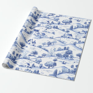 Timeless Blue Toile Pastoral French Landscape Wrapping Paper
