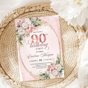 Timeless Blush Gold Floral Eucalyptus 90 Birthday Invitation