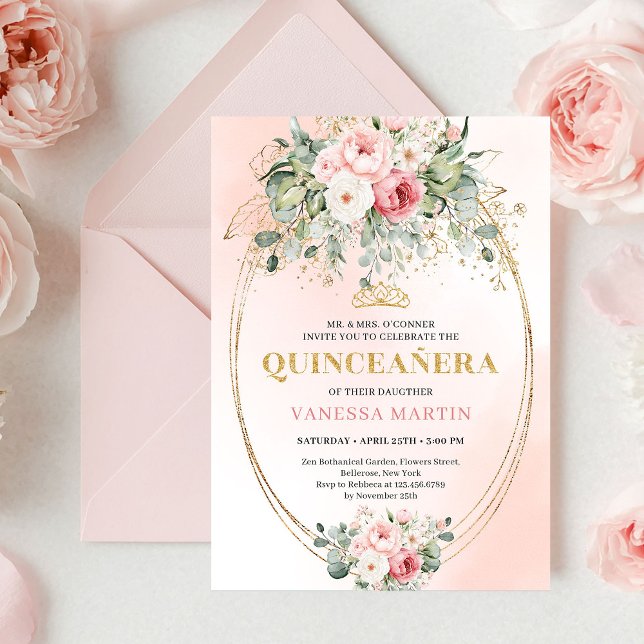 Timeless Blush Roses Eucalyptus Quinceañera Invite (Timeless Blush Roses Eucalyptus Quinceañera Invitation)