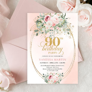 Timeless Blush Roses Gold Minimal 90th Birthday Invitation