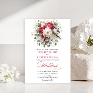 Timeless Boho Crimson Red Blush Gold Wedding Invit Invitation