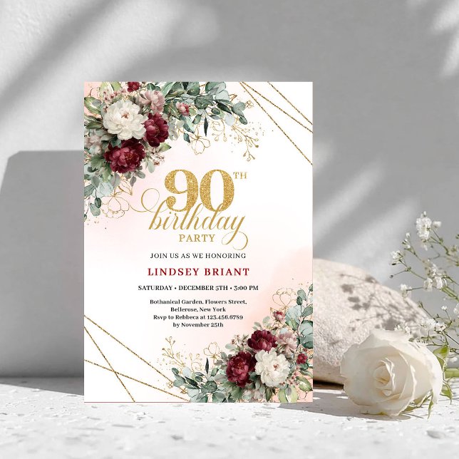 Timeless Boho Deep Red Peonies Gold 90th Birthday Invitation (Timeless Deep Red Peonies Gold 90th Birthday Invite)