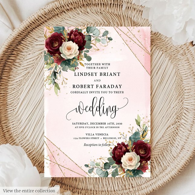Timeless Boho Maroon Gold Blush Roses Wedding  Invitation (Timeless Boho Maroon Gold Blush Roses Wedding Invitation)