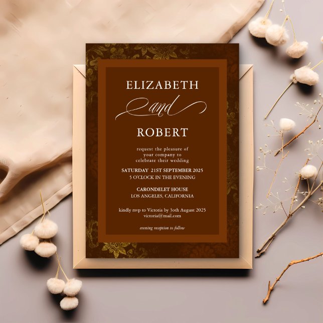 Timeless Brown Gold Floral Damask Wedding  Invitation (Creator Uploaded)