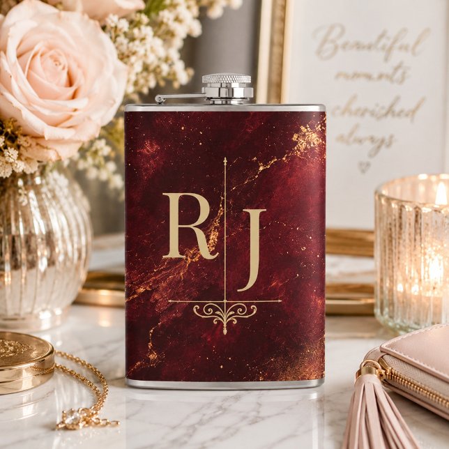 Timeless Burgundy and Gold Marble Monogram  Hip Flask (Creator Uploaded)