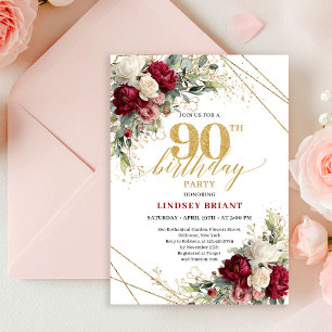 Timeless Burgundy and White Roses 90th Birthday Invitation