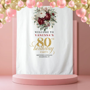 Timeless Burgundy Floral 80th Birthday Tapestry