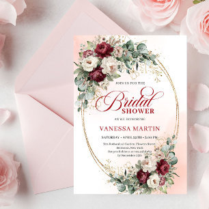 Timeless Burgundy Flowers with Gold Bridal Shower  Invitation