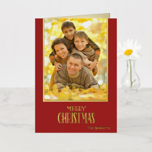 Timeless Burgundy Photo Merry Christmas Gold Foil Greeting Card