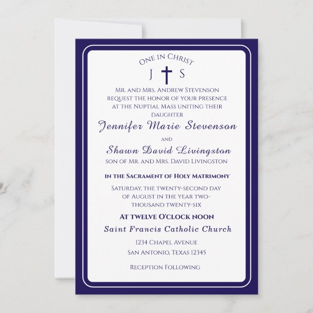 Timeless Catholic Monogrammed Wedding Invitation (Front)