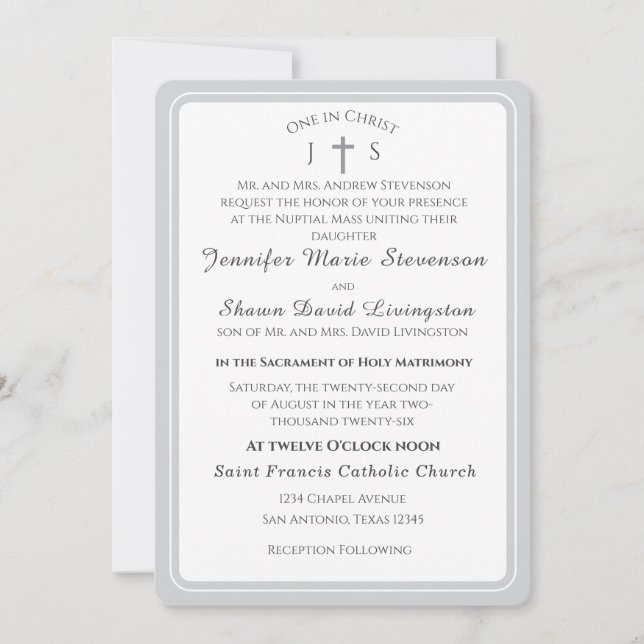 Timeless Catholic Monogrammed Wedding Invitation (Front)