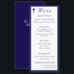 Timeless Catholic Monogrammed Wedding Menu<br><div class="desc">Design front features a white background to the image of a cross in top left corner. Heading is displayed in an elegant font in top center. Following the traditional format for a wedding menu, all text is customizable and displayed in a navy-blue font. Entire design is framed by a navy-blue...</div>
