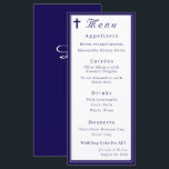 Timeless Catholic Monogrammed Wedding Menu<br><div class="desc">Design front features a white background to the image of a cross in top left corner. Heading is displayed in an elegant font in top center. Following the traditional format for a wedding menu, all text is customizable and displayed in a navy-blue font. Entire design is framed by a navy-blue...</div>