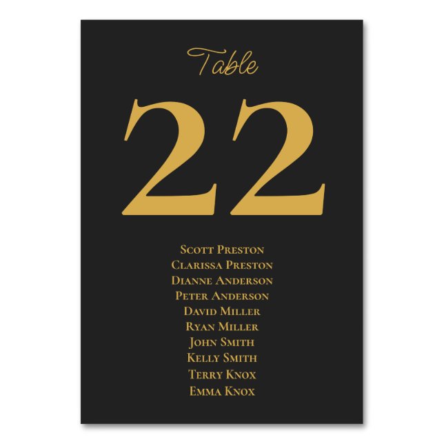 Timeless Charcoal Black Gold Seating Assignment Table Number (Front)