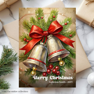 Timeless Christmas bells rustic pine wreath beauty Holiday Card