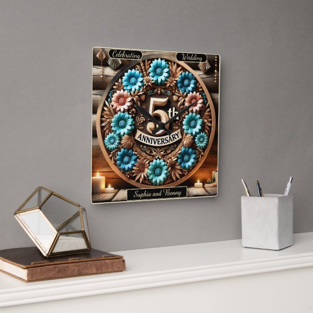 Timeless Circle 5th Anniversary Floral Design Square Wall Clock (Office)
