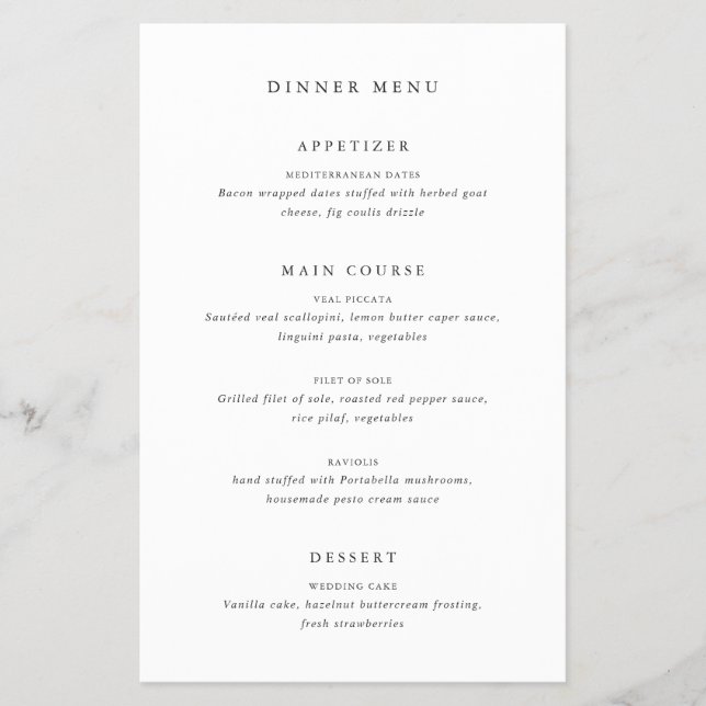 Timeless Classic Formal Guest Name Wedding Menu (Front)