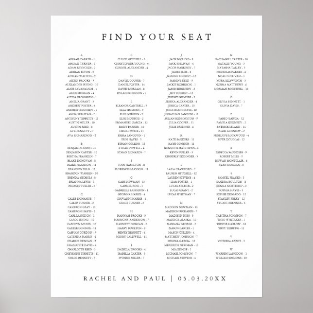 Timeless Classic Formal Wedding Seating Chart (Front)