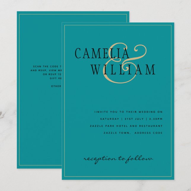 Timeless Classic Turquoise Seaglass Gold Wedding Invitation (Front/Back)