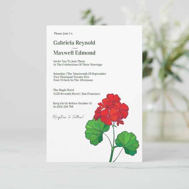 Timeless Customizable Geranium Floral Wedding Invitation (Standing Front)