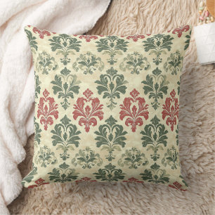 Timeless Damask Red Green Beige Vintage Look Throw Pillow