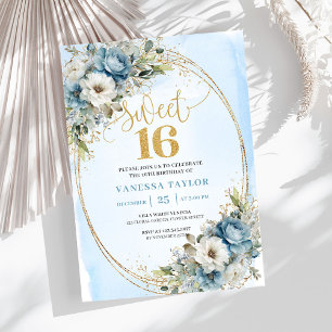 Timeless Dusty Blue Floral Gold Sweet Sixteen  Invitation