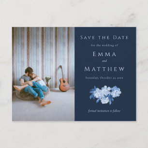 Timeless Dusty Blue Floral - QR & Photo Announcement Postcard