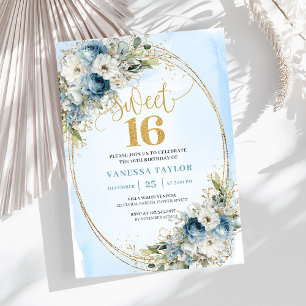Timeless Dusty Blue Floral Sweet 16th Birthday  Invitation