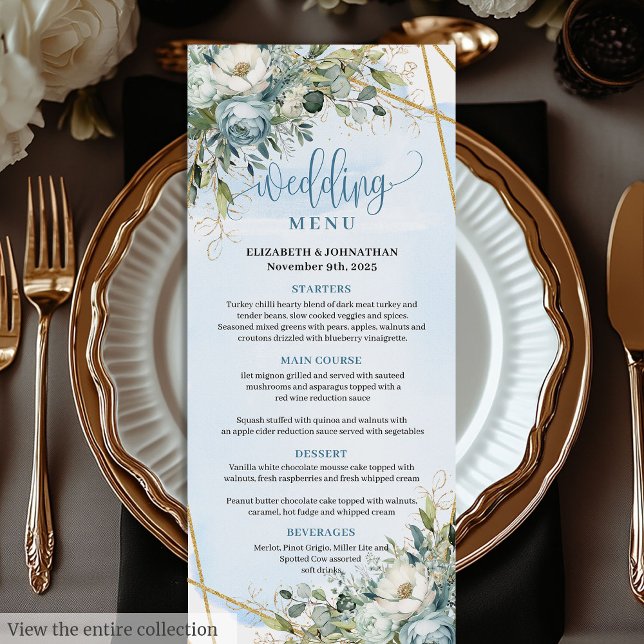 Timeless Dusty Blue Floral White Gold Wedding Menu (Timeless Dusty Blue Floral White Gold Wedding Menu

)