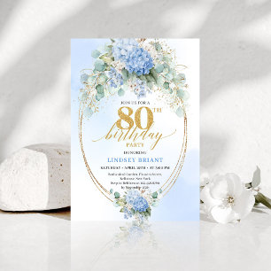Timeless Dusty Blue Gold 80th Birthday Invite