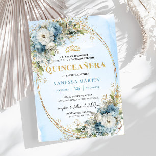 Timeless Dusty Blue Gold Greenery Quinceañera  Invitation