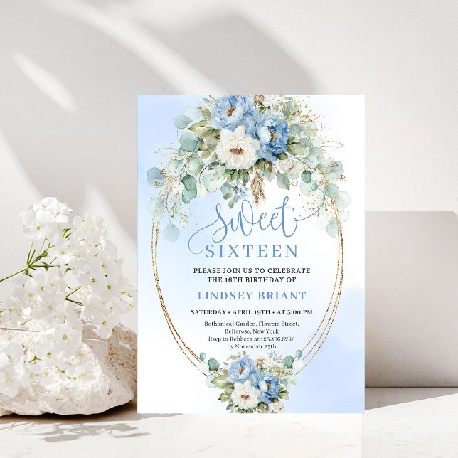 Timeless Dusty Blue Peony Gold Sweet 16 Birthday  Invitation (Timeless Dusty Blue Peony Gold Sweet 16 Birthday Invite)