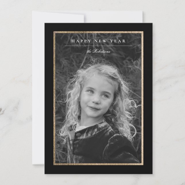 Timeless Elegance Black & Gold New Year Photo Card (Front)